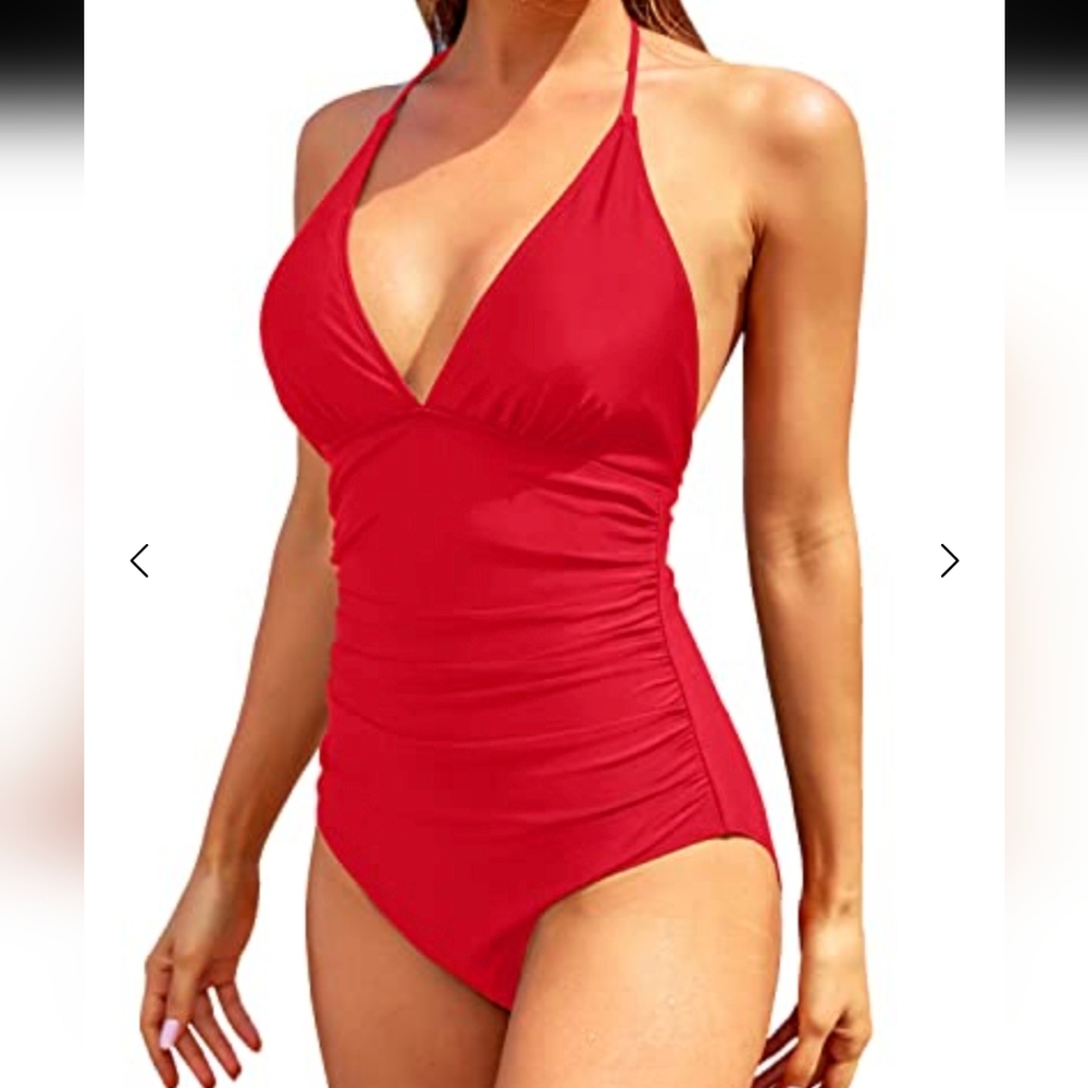 NWT HOLIPICK V Neck Halter One Piece Swimsuit Sexy Bathing Suit